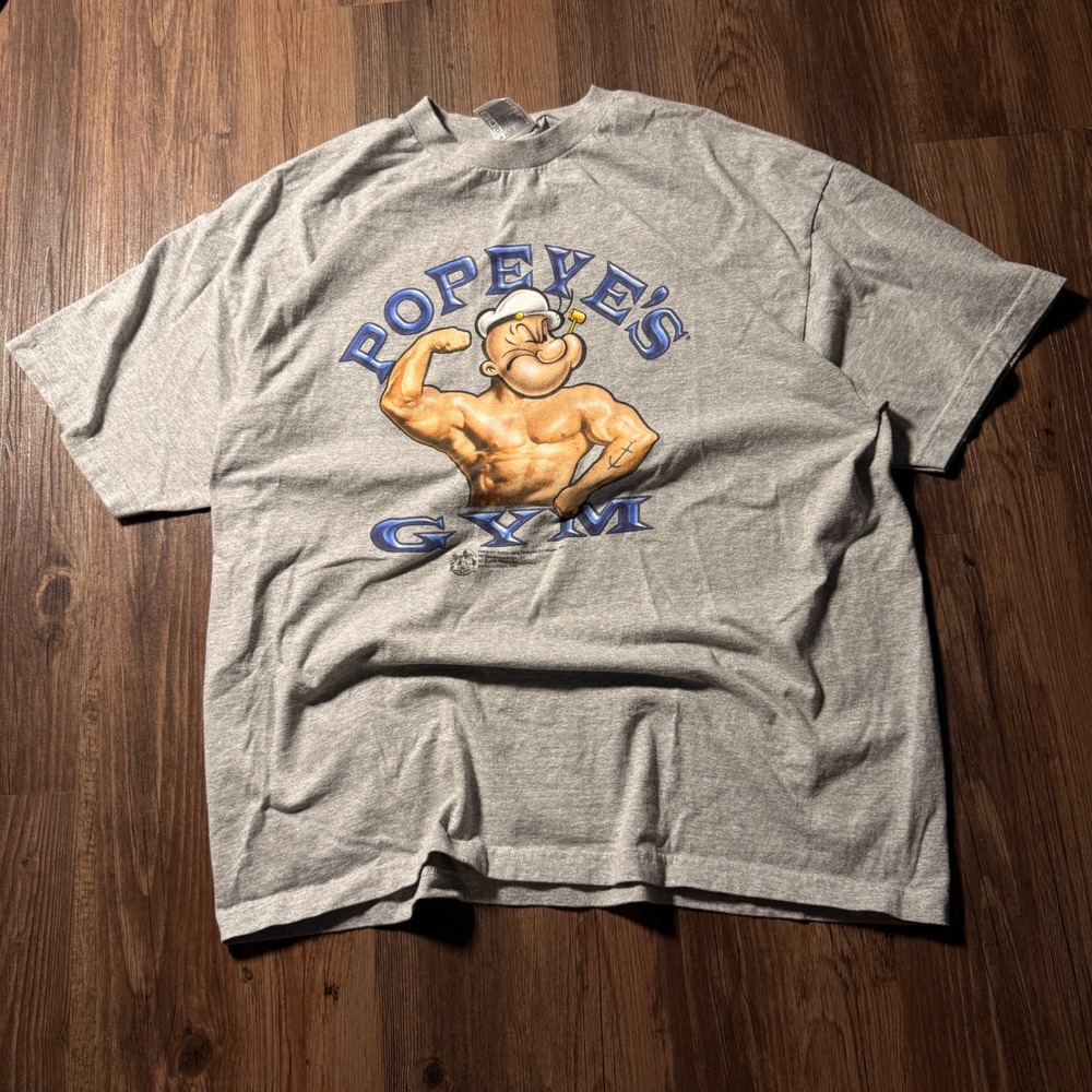Vintage 2003 Popeyes Gym Popeye the Sailor‎ Man T-Shirt Grey Alstyle Mens 2XL